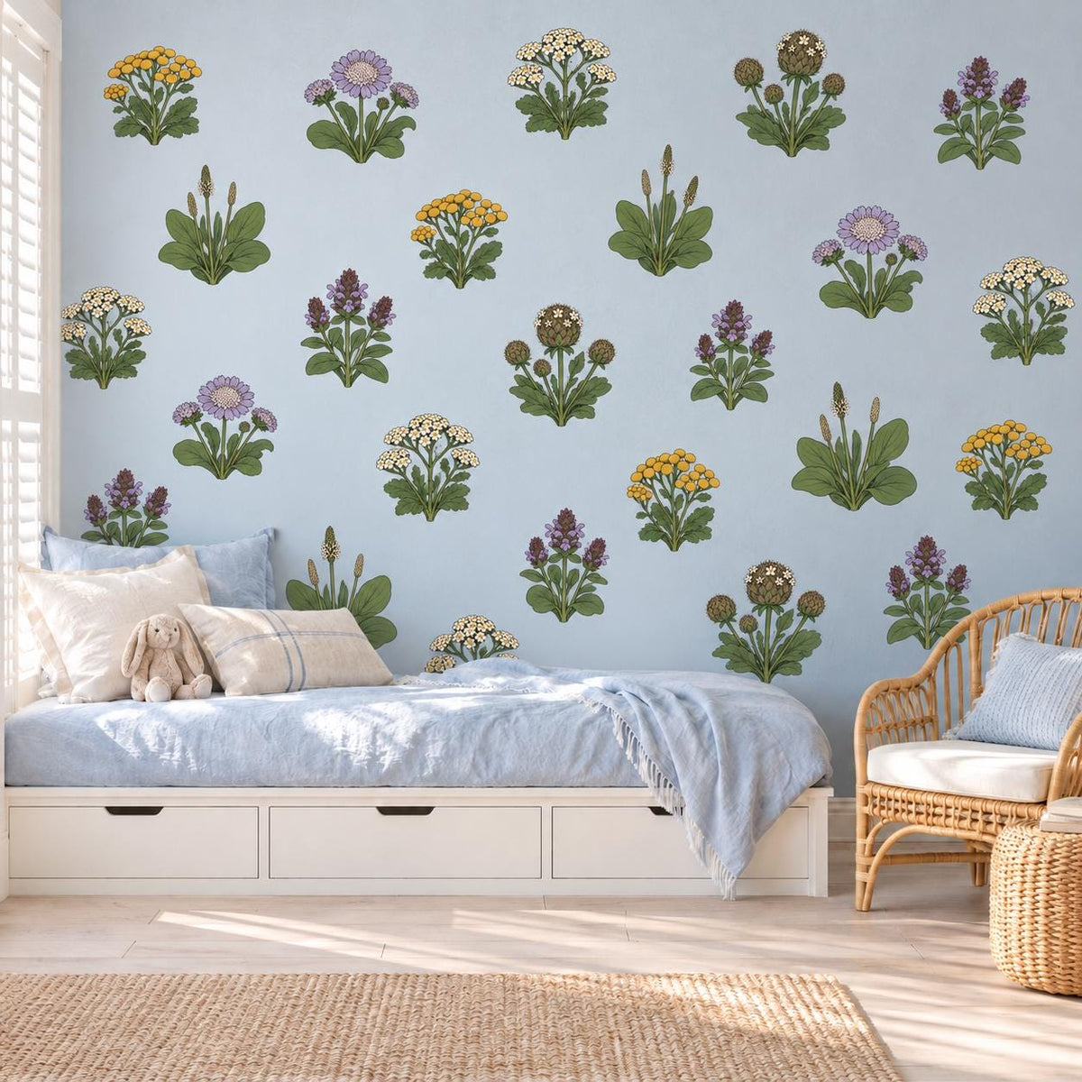 Wildflower Wall Stickers, Meadow Flower Nursery Decor, Yarrow Scabious Botanical Wall Decals, Kids Room Lilac Yellow Peel and Stick Wall Art