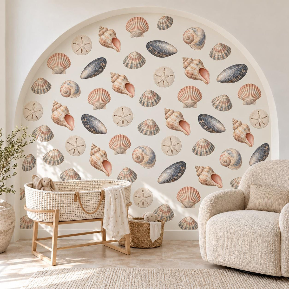 Seashell Wall Stickers, Beach Nursery Decor, Shell Sand Dollar Mussel Wall Decals, Kids Room Coastal Peach Blue Peel and Stick Wall Art