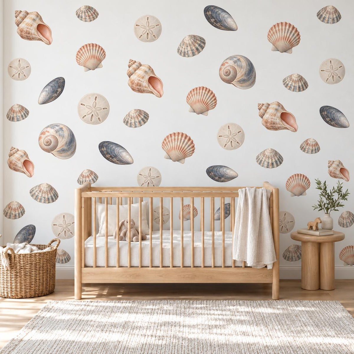 Seashell Wall Stickers, Beach Nursery Decor, Shell Sand Dollar Mussel Wall Decals, Kids Room Coastal Peach Blue Peel and Stick Wall Art