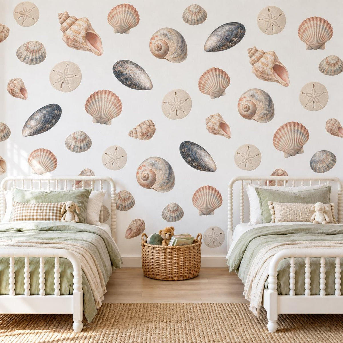 Seashell Wall Stickers, Beach Nursery Decor, Shell Sand Dollar Mussel Wall Decals, Kids Room Coastal Peach Blue Peel and Stick Wall Art
