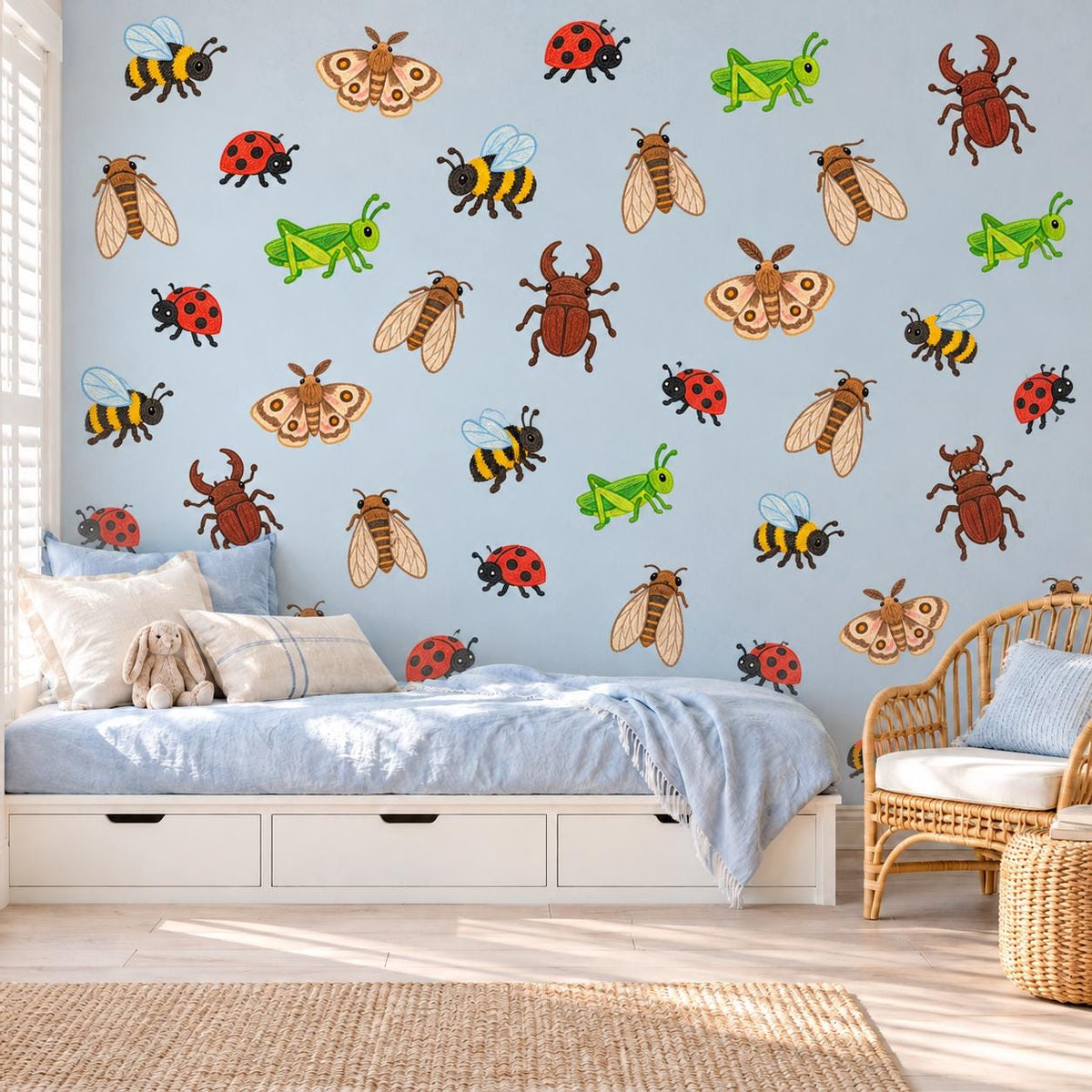 Bug Wall Stickers, Insect Nursery Decor, Ladybird Bee Grasshopper Beetle Wall Decals, Kids Room Crayon Minibeast Peel and Stick Wall Art