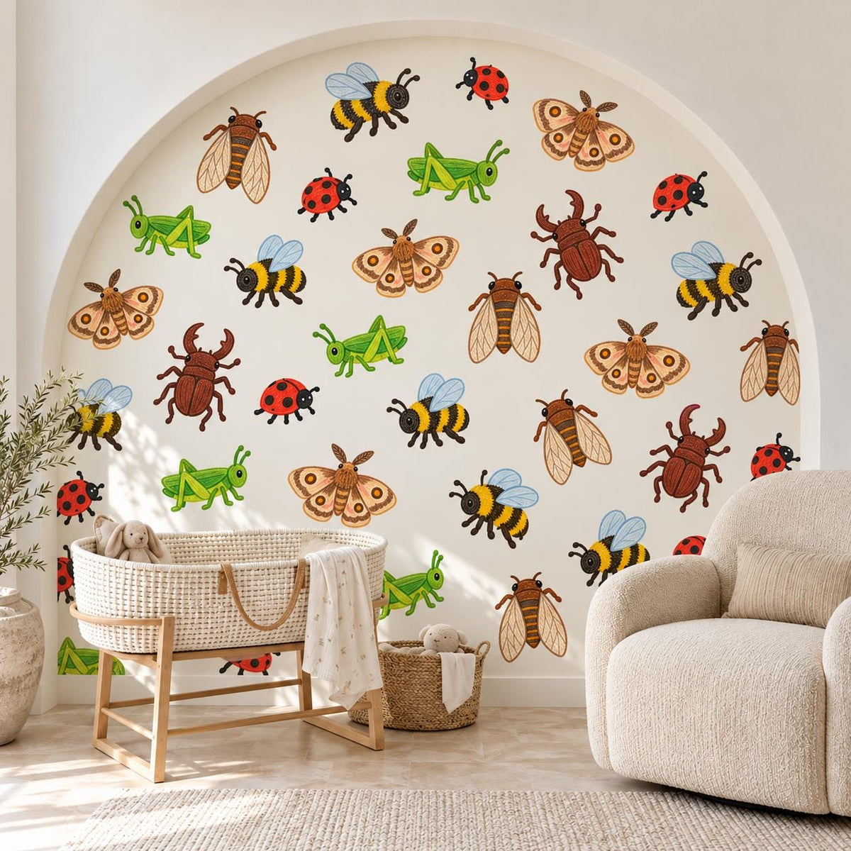 Bug Wall Stickers, Insect Nursery Decor, Ladybird Bee Grasshopper Beetle Wall Decals, Kids Room Crayon Minibeast Peel and Stick Wall Art