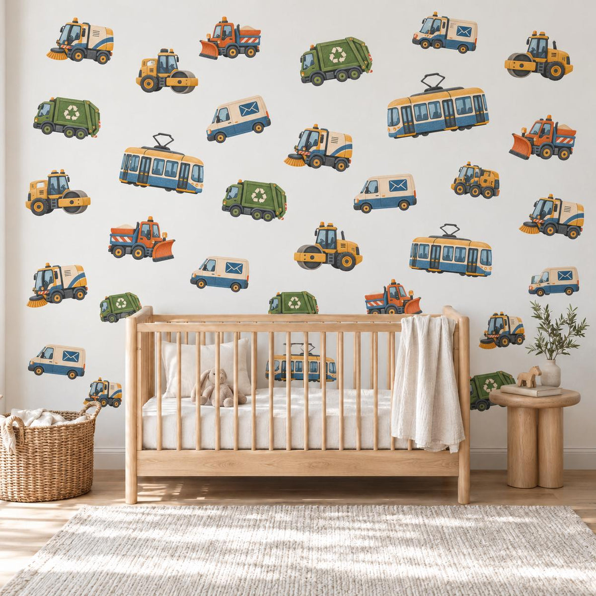 Vehicle Wall Stickers, Transport Nursery Decor, Bin Lorry Tram Post Van Wall Decals, Boys Kids Room Crayon City Peel and Stick Wall Art