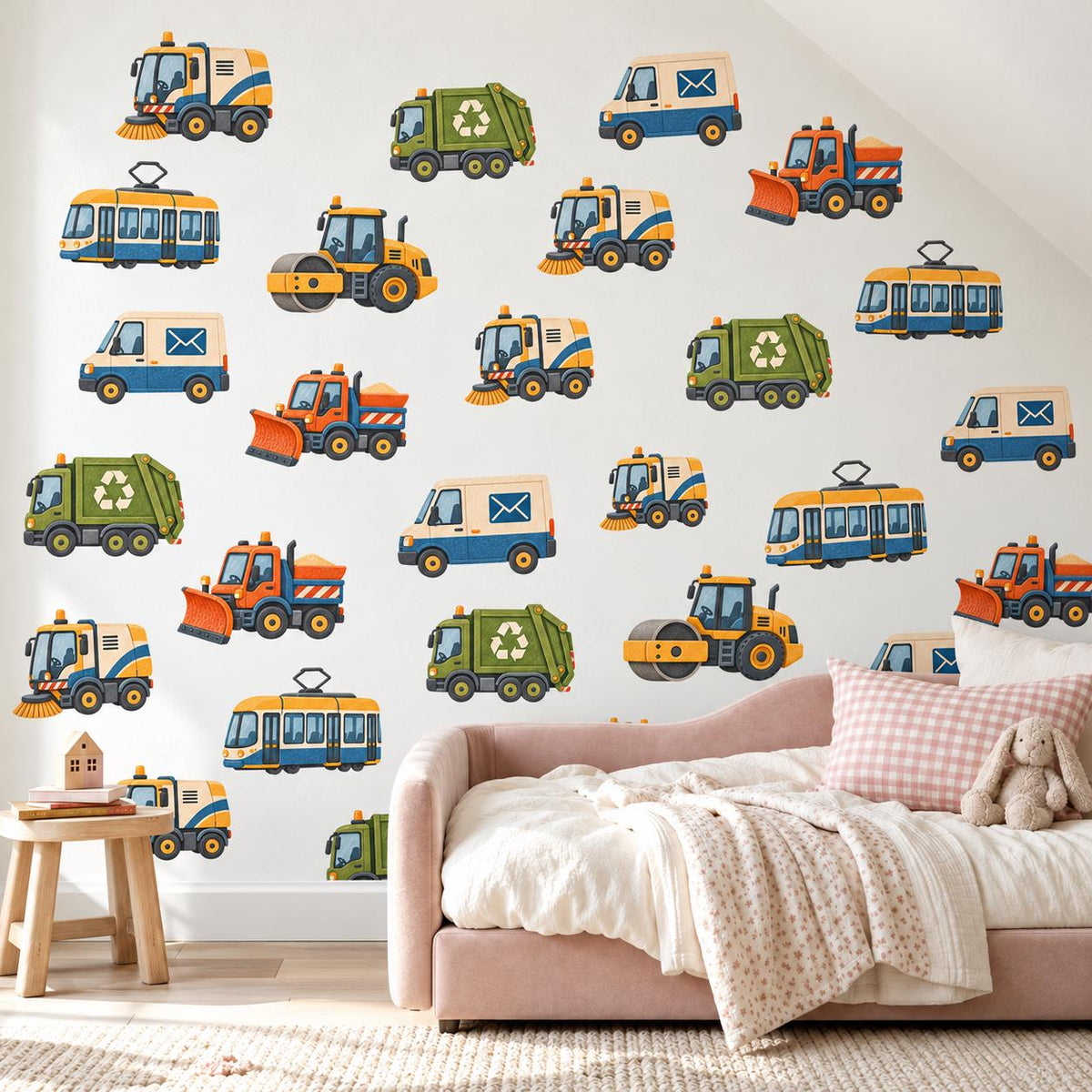 Vehicle Wall Stickers, Transport Nursery Decor, Bin Lorry Tram Post Van Wall Decals, Boys Kids Room Crayon City Peel and Stick Wall Art