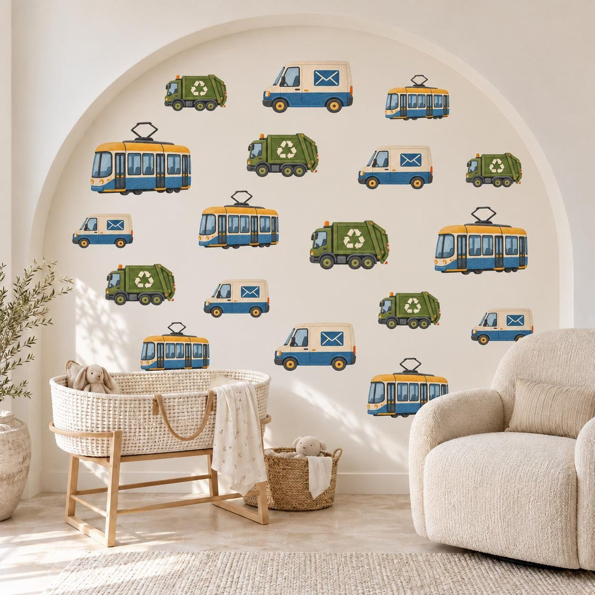 Vehicle Wall Stickers, Transport Nursery Decor, Bin Lorry Tram Post Van Wall Decals, Boys Kids Room Crayon City Peel and Stick Wall Art
