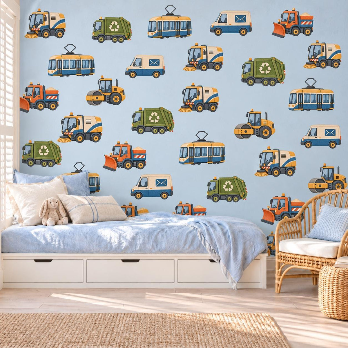 Vehicle Wall Stickers, Transport Nursery Decor, Bin Lorry Tram Post Van Wall Decals, Boys Kids Room Crayon City Peel and Stick Wall Art