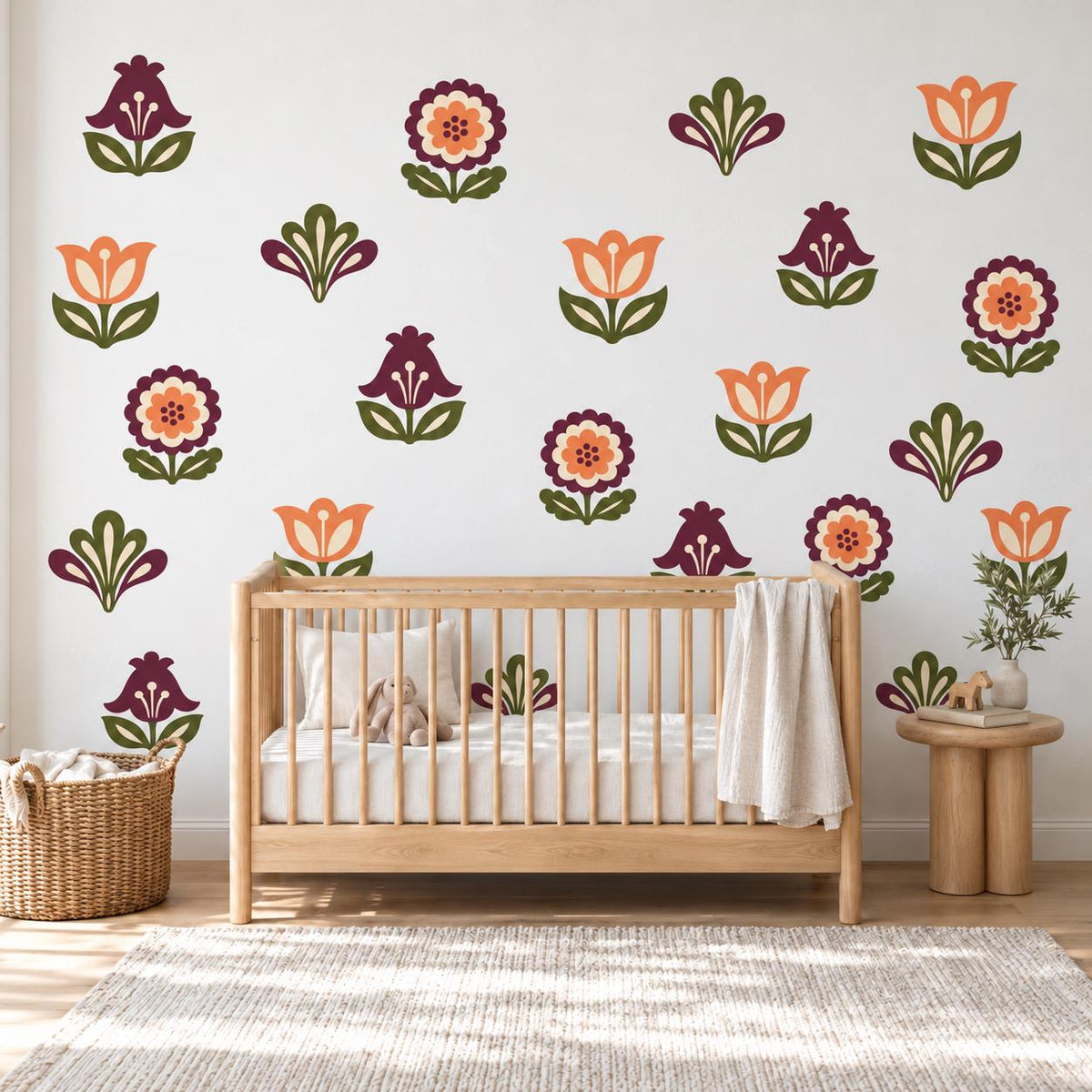 Folk Flower Wall Stickers, Scandi Floral Nursery Decor, Tulip Bellflower Wall Decals, Girls Kids Room Plum Orange Peel and Stick Wall Art