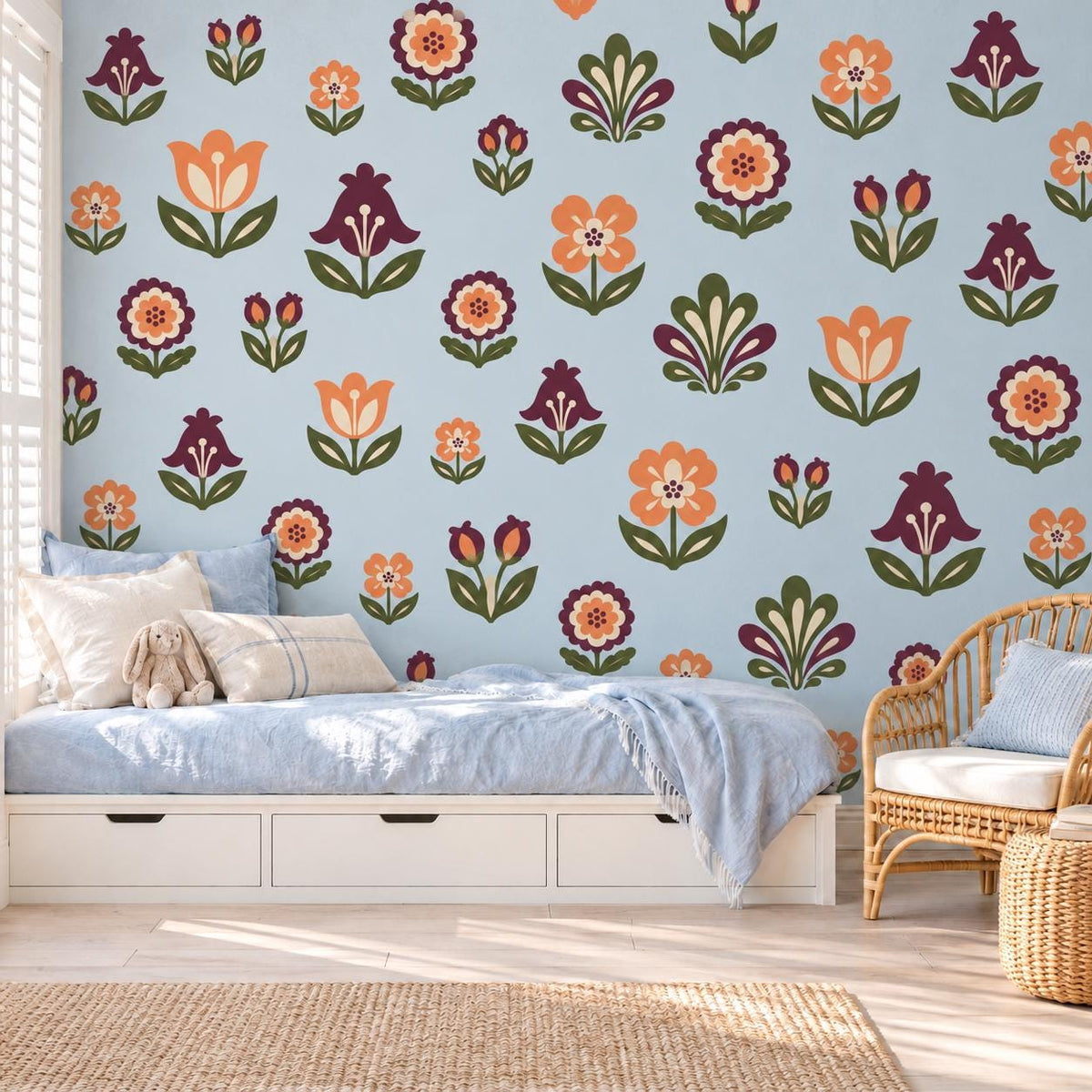 Folk Flower Wall Stickers, Scandi Floral Nursery Decor, Tulip Bellflower Wall Decals, Girls Kids Room Plum Orange Peel and Stick Wall Art