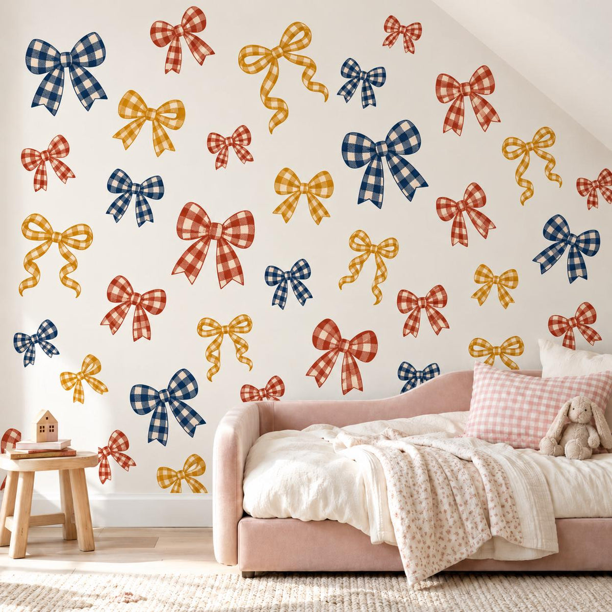 Bow Wall Stickers, Gingham Bow Nursery Decor, Navy Rust Mustard Bow Wall Decals, Kids Room Vintage Ribbon Peel and Stick Wall Art