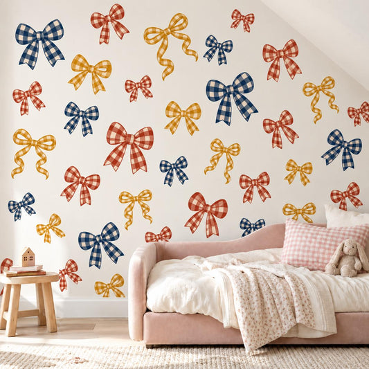 Bow Wall Stickers, Gingham Bow Nursery Decor, Navy Rust Mustard Bow Wall Decals, Kids Room Vintage Ribbon Peel and Stick Wall Art
