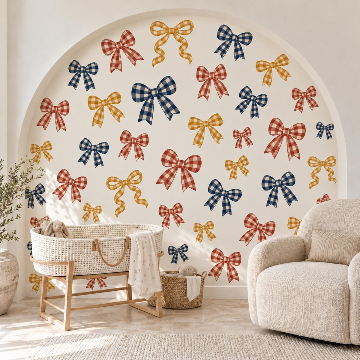 Bow Wall Stickers, Gingham Bow Nursery Decor, Navy Rust Mustard Bow Wall Decals, Kids Room Vintage Ribbon Peel and Stick Wall Art
