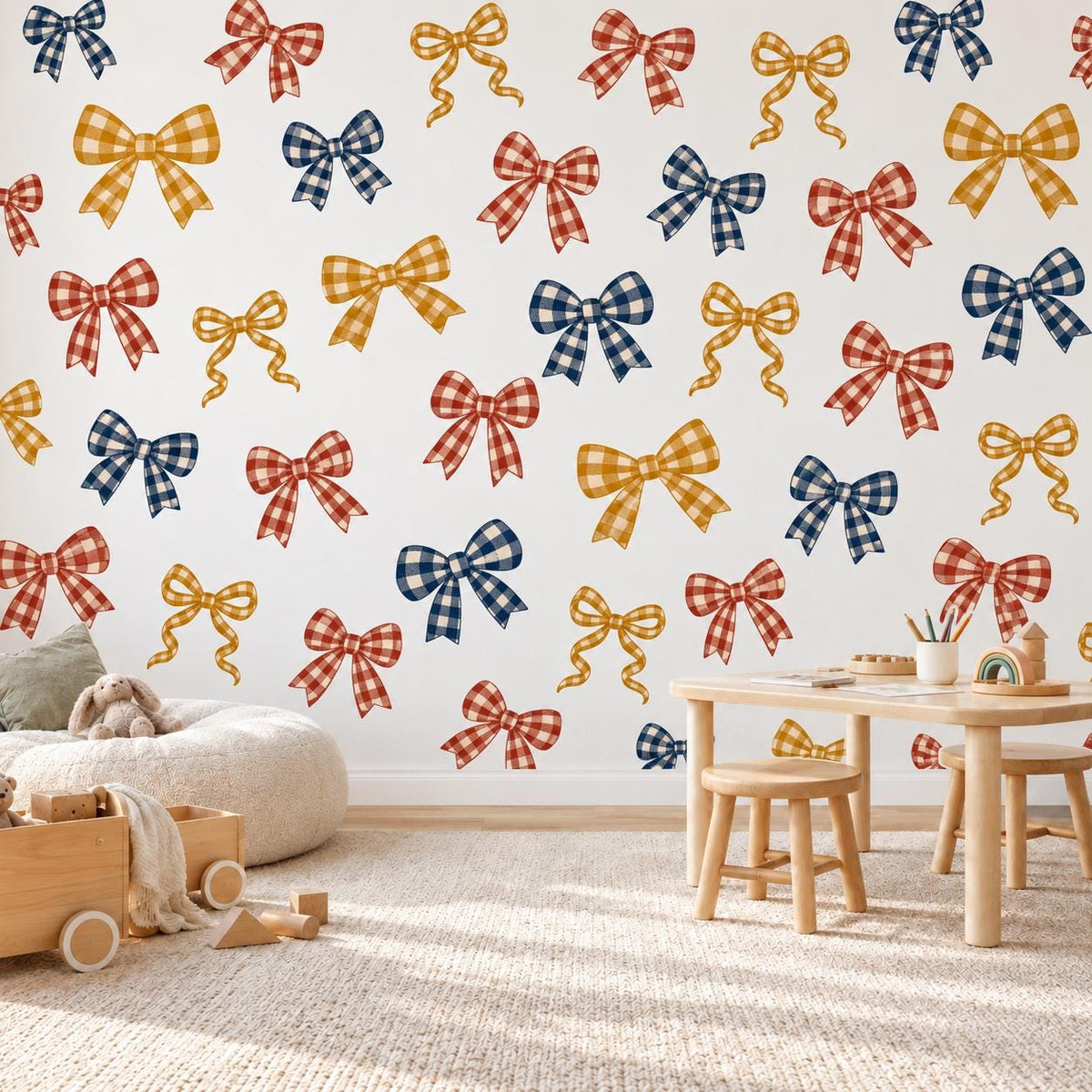 Bow Wall Stickers, Gingham Bow Nursery Decor, Navy Rust Mustard Bow Wall Decals, Kids Room Vintage Ribbon Peel and Stick Wall Art