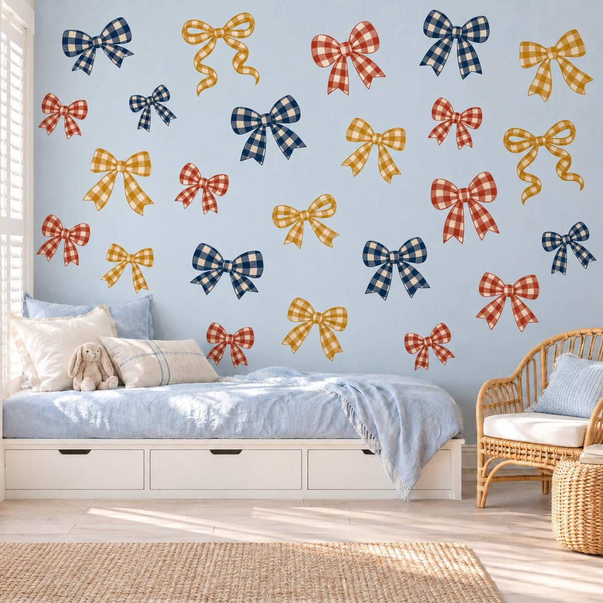 Bow Wall Stickers, Gingham Bow Nursery Decor, Navy Rust Mustard Bow Wall Decals, Kids Room Vintage Ribbon Peel and Stick Wall Art