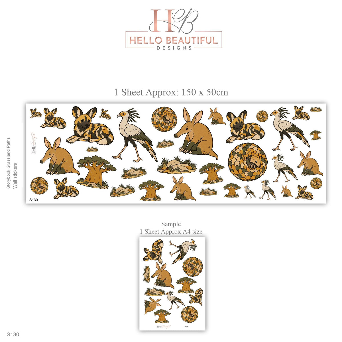 Safari Animal Wall Stickers, African Nursery Decor, Wild Dog Aardvark Pangolin Wall Decals, Kids Room Ochre Baobab Peel and Stick Wall Art