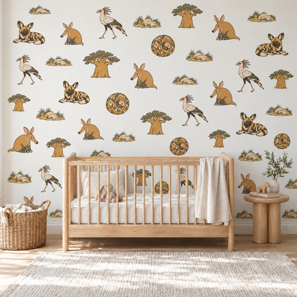 Safari Animal Wall Stickers, African Nursery Decor, Wild Dog Aardvark Pangolin Wall Decals, Kids Room Ochre Baobab Peel and Stick Wall Art