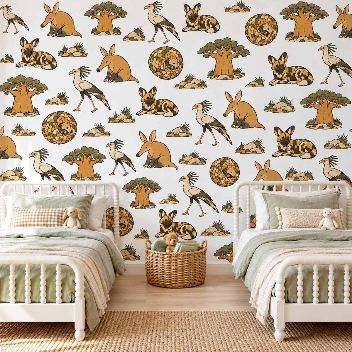 Safari Animal Wall Stickers, African Nursery Decor, Wild Dog Aardvark Pangolin Wall Decals, Kids Room Ochre Baobab Peel and Stick Wall Art