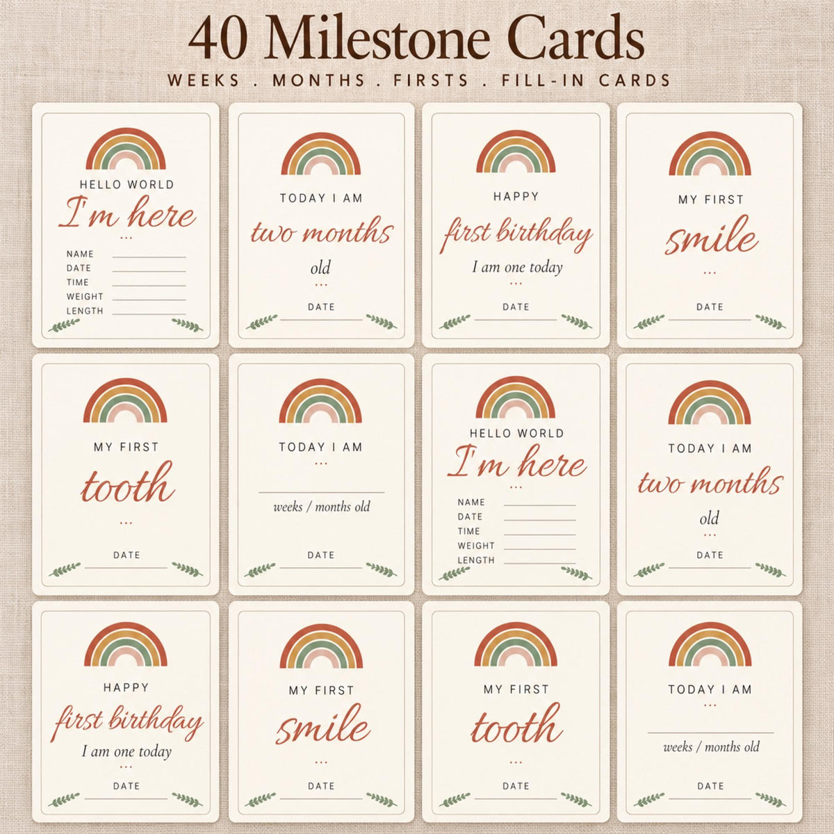 Baby Milestone Cards Printable, 40 Boho Rainbow Monthly & Firsts Set, Gender Neutral Photo Prop