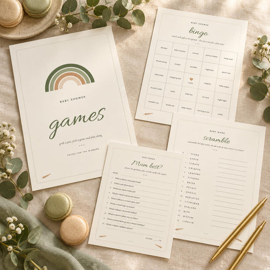 Baby Shower Games Bundle Printable, 30 Baby Shower Bingo Cards, Sage Green Boho Baby Shower Games, Gender Neutral Party Activities