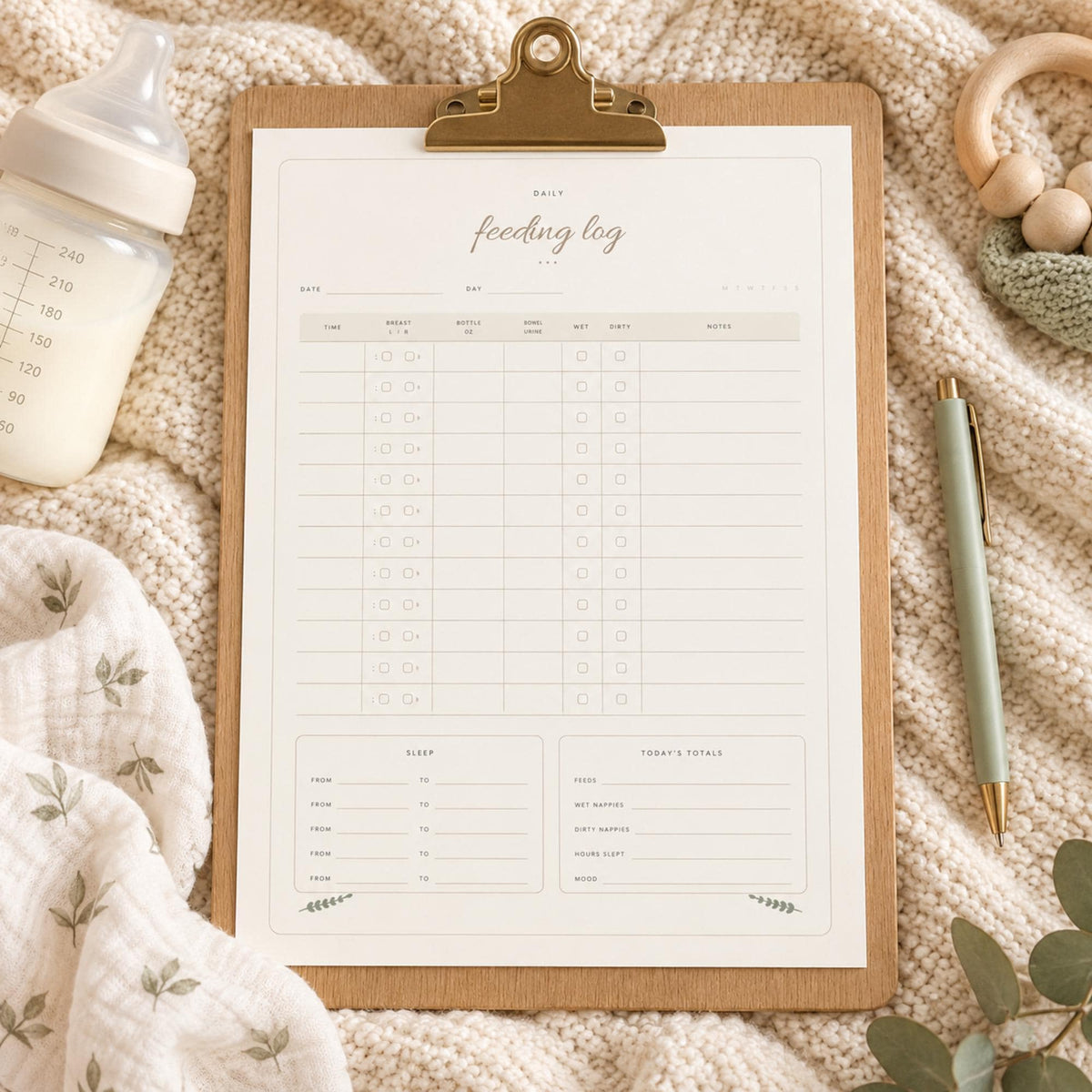 Newborn Feeding Log Printable, Baby Nappy Tracker, Breastfeeding and Bottle Log, Baby Sleep Tracker, New Mum Planner A4 and US Letter