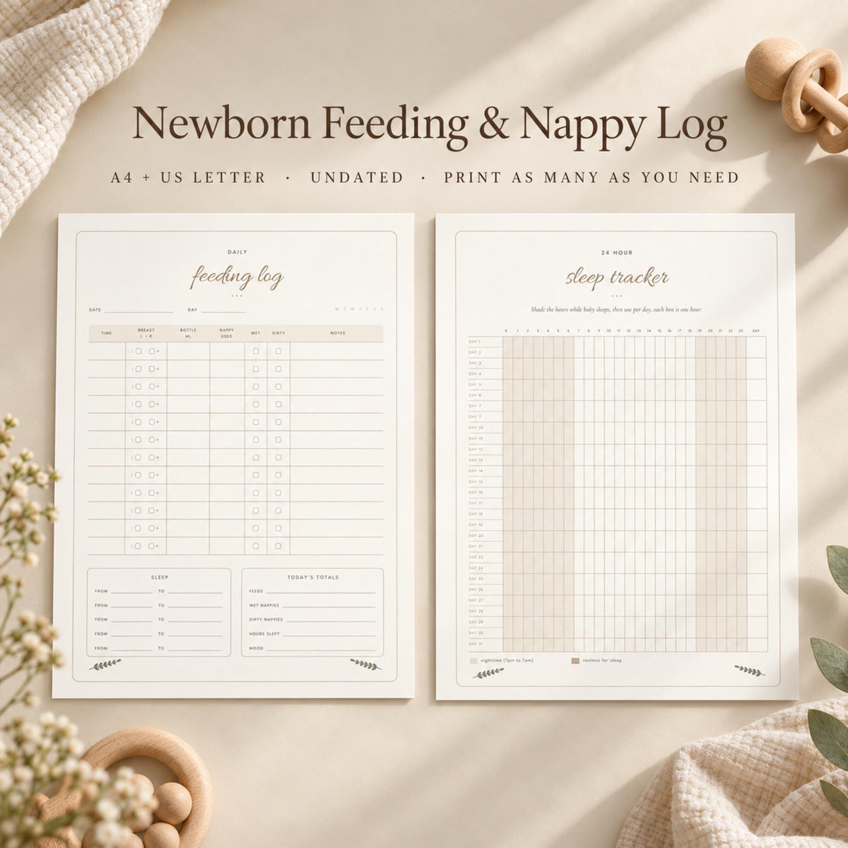Newborn Feeding Log Printable, Baby Nappy Tracker, Breastfeeding and Bottle Log, Baby Sleep Tracker, New Mum Planner A4 and US Letter