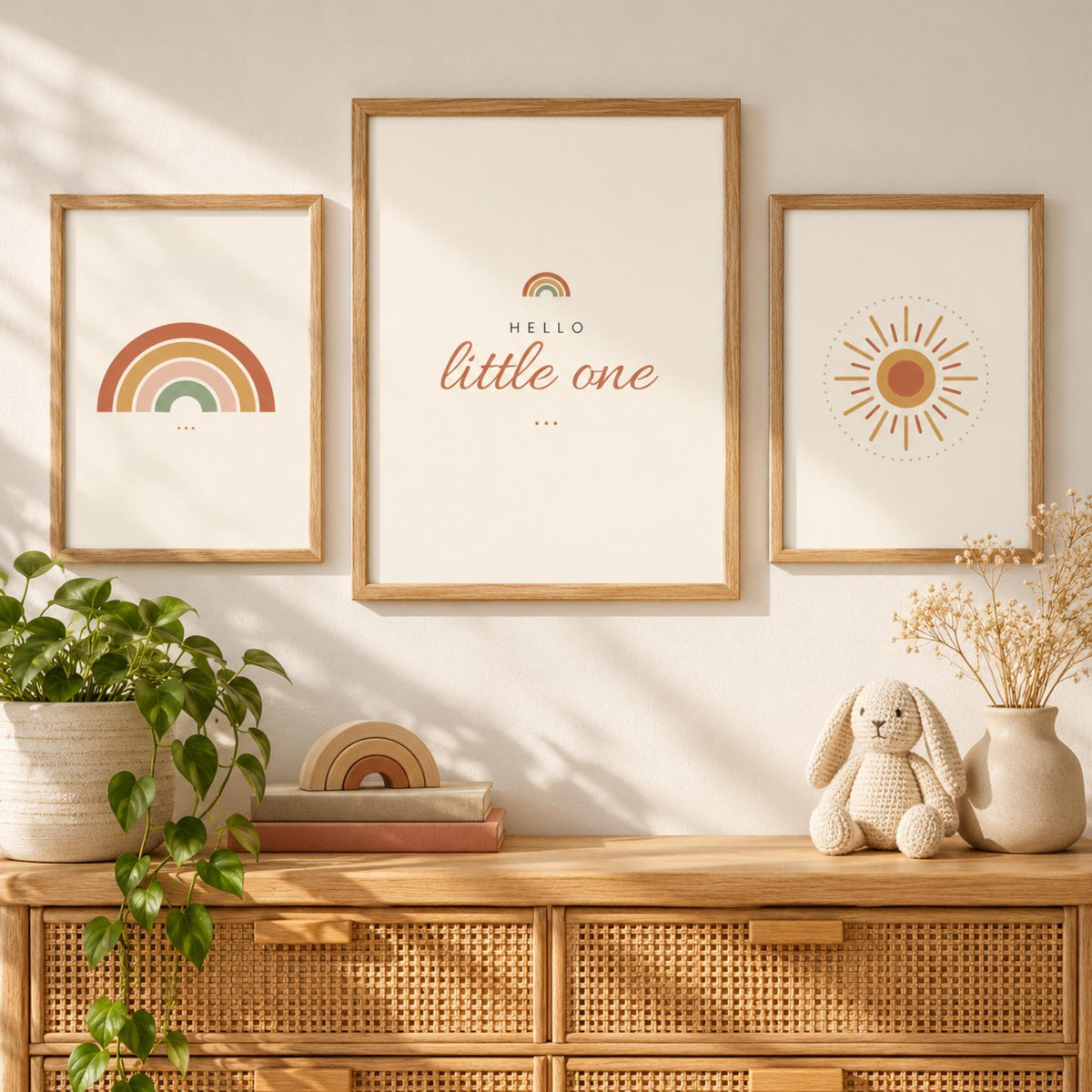 Boho Nursery Wall Art Set of 3, Rainbow Sun Hello Little One Prints, Terracotta Nursery Decor, Gender Neutral Printable Wall Art