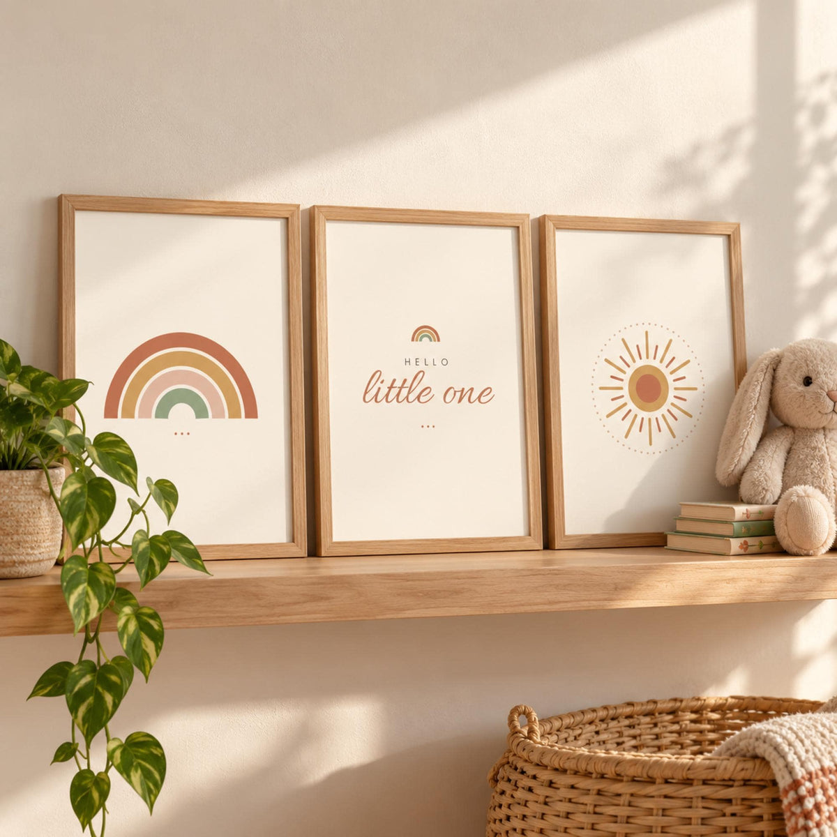 Boho Nursery Wall Art Set of 3, Rainbow Sun Hello Little One Prints, Terracotta Nursery Decor, Gender Neutral Printable Wall Art