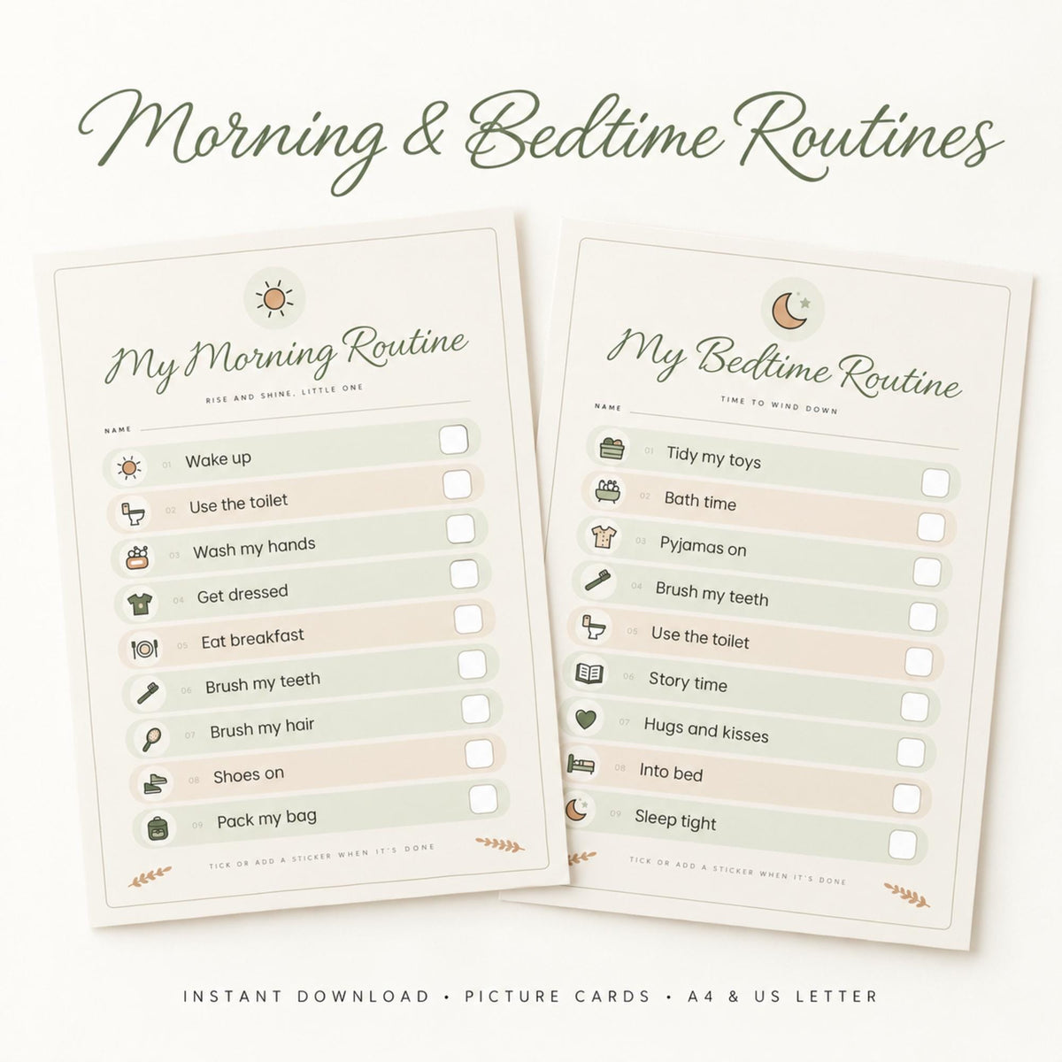 Morning and Bedtime Routine Chart Printable, Toddler Visual Schedule Cards, Boho Kids Routine, Velcro Board Cards, A4 & US Letter