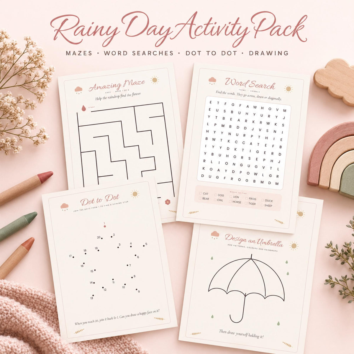 Rainy Day Activity Pack for Kids, Printable Mazes, Word Search, Dot to Dot, Kids Activity Book, Ages 4 to 8, Boho, A4 & US Letter