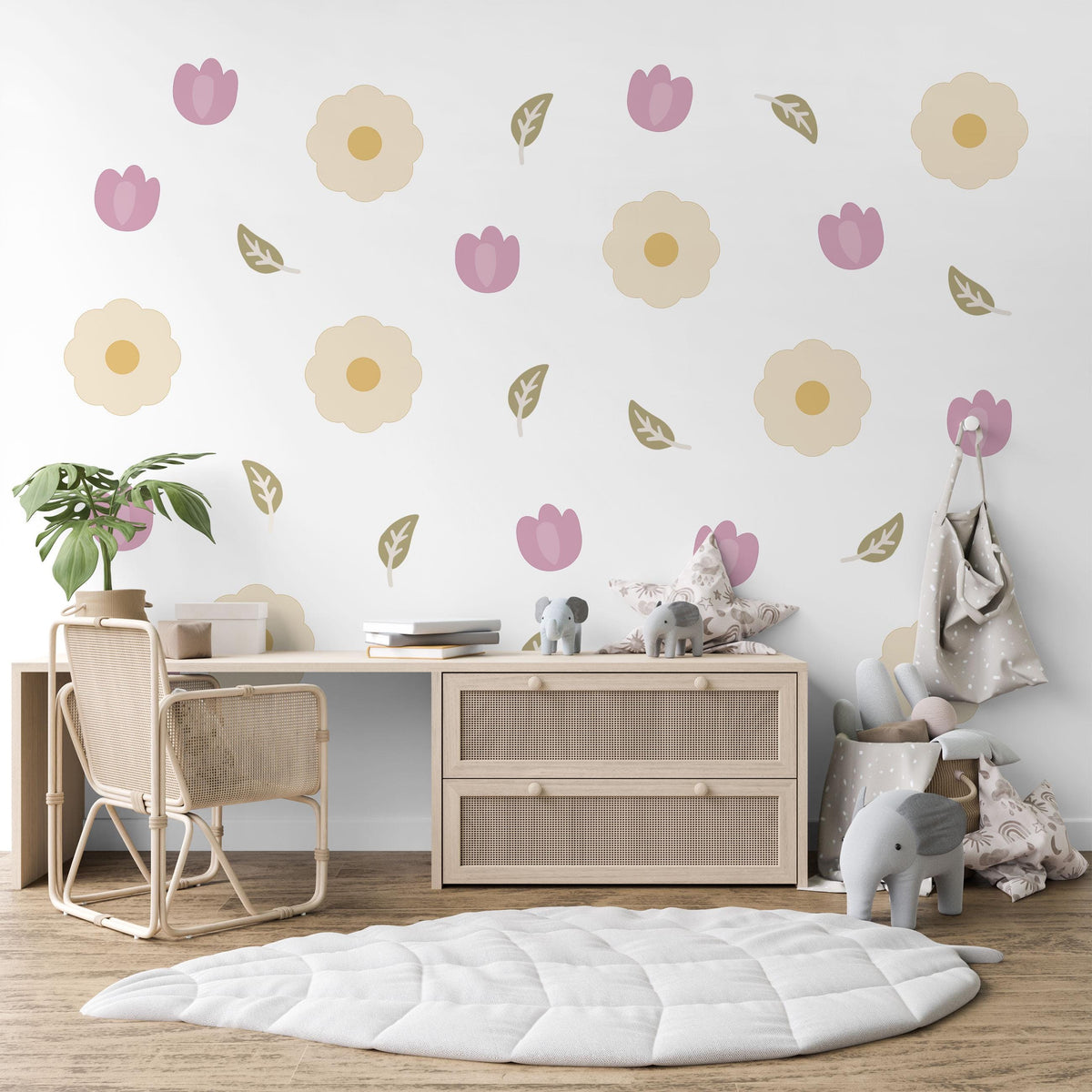 Flower Wall Stickers, Scandi Daisy Tulip Nursery Decor, Cream Floral Wall Decals, Girls Kids Room Neutral Baby Peel and Stick Art