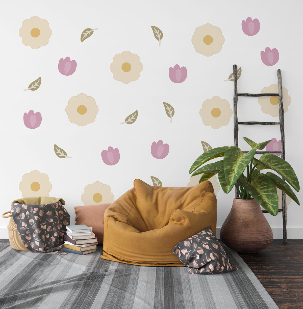 Flower Wall Stickers, Scandi Daisy Tulip Nursery Decor, Cream Floral Wall Decals, Girls Kids Room Neutral Baby Peel and Stick Art