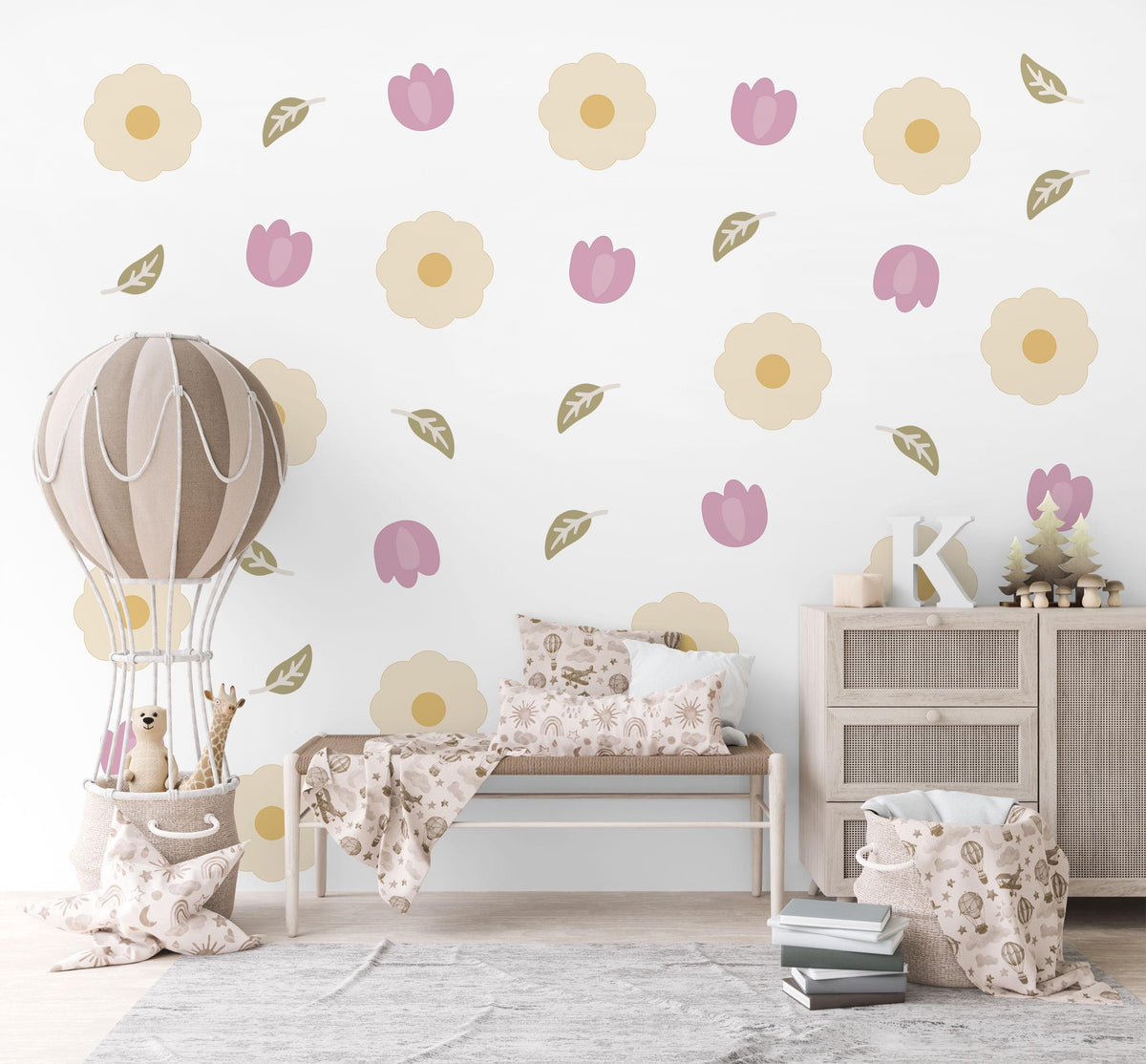 Flower Wall Stickers, Scandi Daisy Tulip Nursery Decor, Cream Floral Wall Decals, Girls Kids Room Neutral Baby Peel and Stick Art