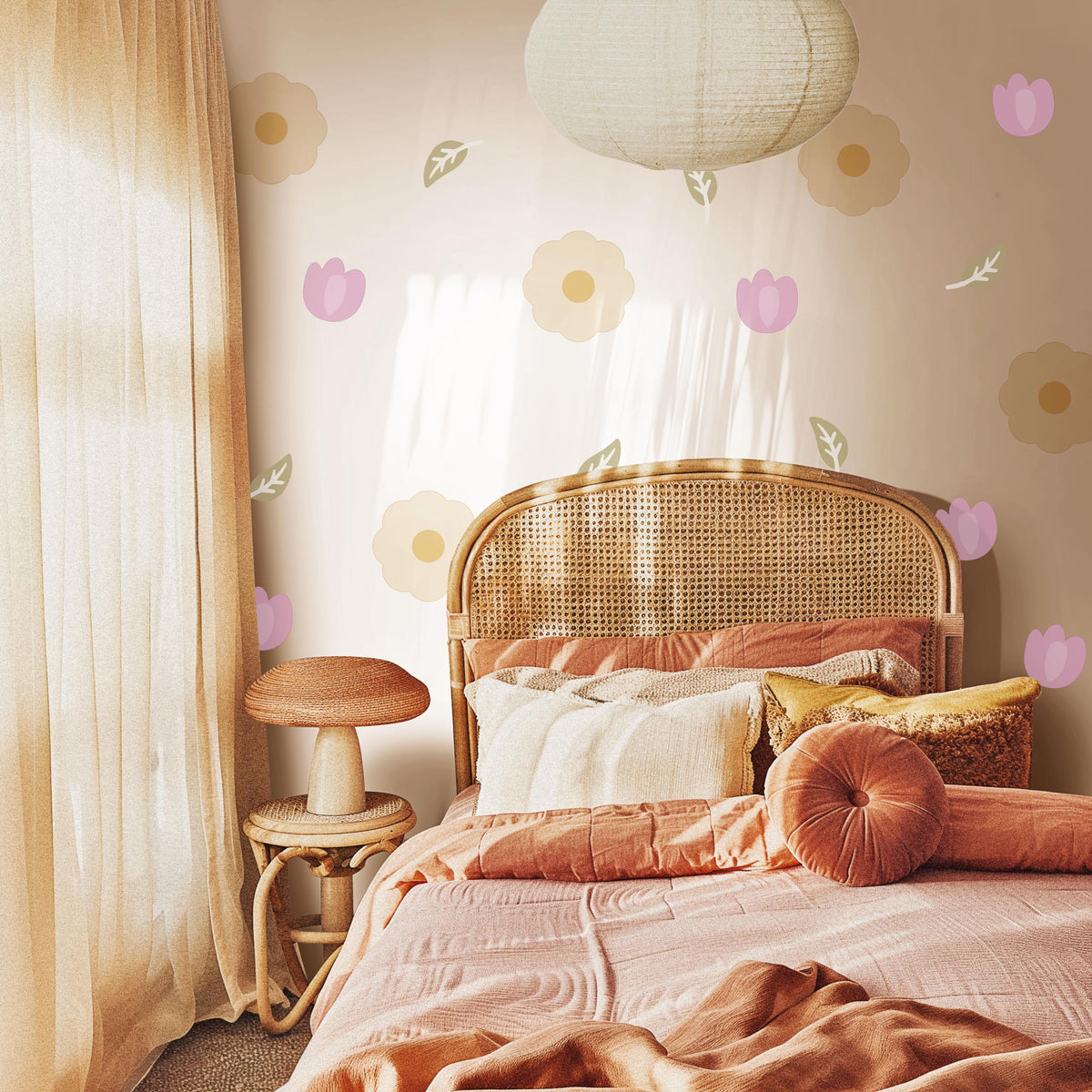 Flower Wall Stickers, Scandi Daisy Tulip Nursery Decor, Cream Floral Wall Decals, Girls Kids Room Neutral Baby Peel and Stick Art