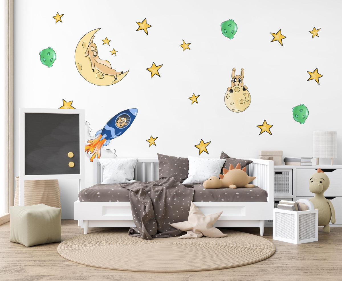 Space Wall Stickers, Rocket Moon Star Nursery Decor, Planet Bunny Wall Decals, Boys Kids Room Playroom Peel and Stick Wall Art