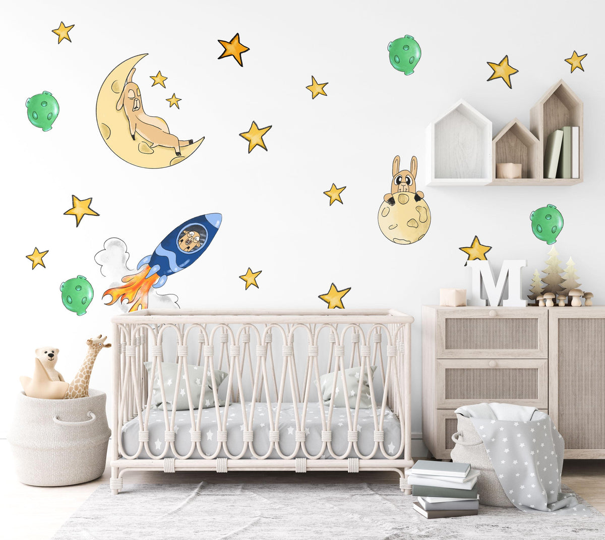 Space Wall Stickers, Rocket Moon Star Nursery Decor, Planet Bunny Wall Decals, Boys Kids Room Playroom Peel and Stick Wall Art