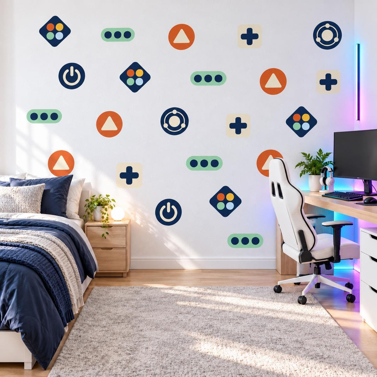 Gamer Wall Stickers, Gaming Room Decor, Controller Button Wall Decals, Boys Kids Bedroom Navy Orange Teal Peel and Stick Wall Art