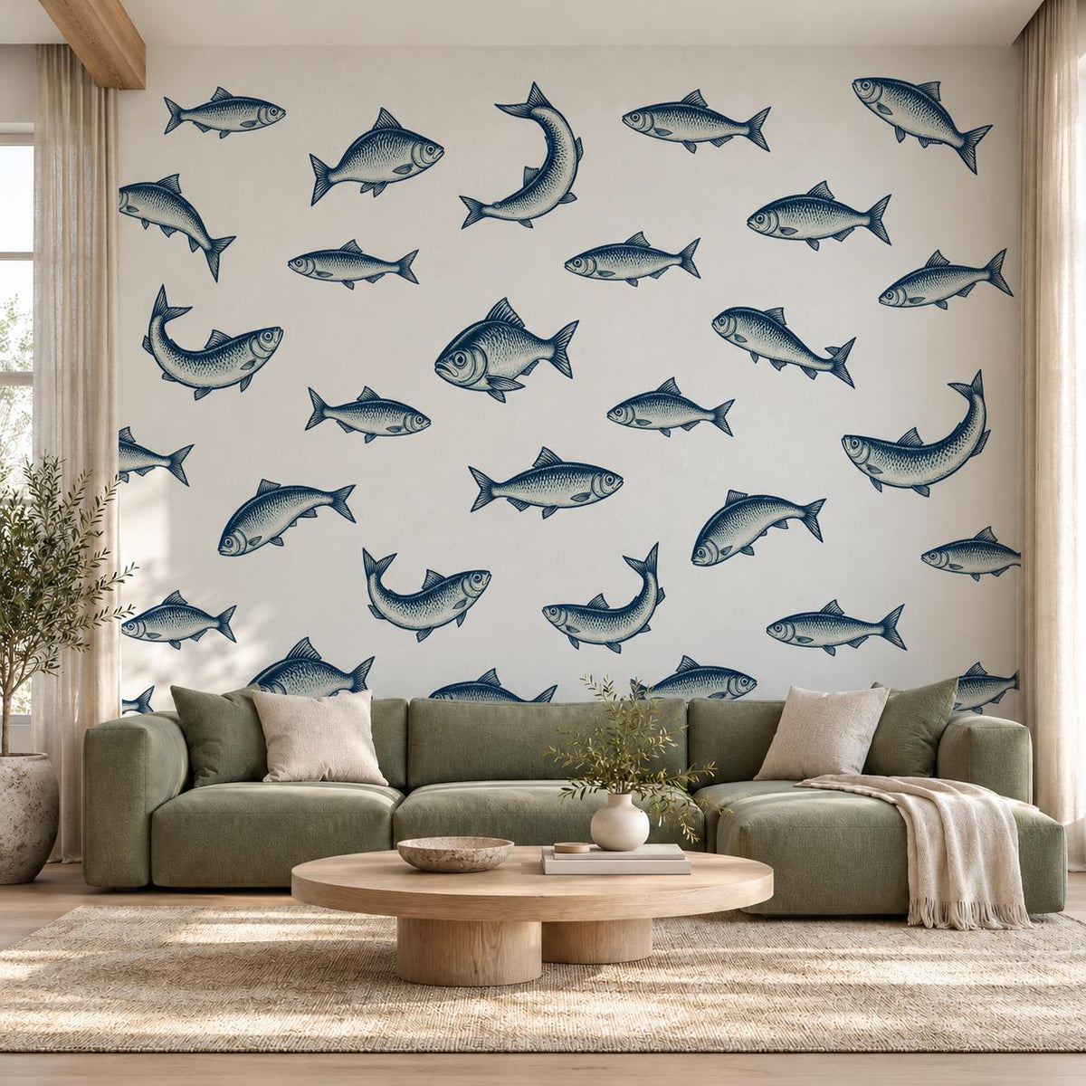 Fish Wall Stickers, Vintage Herring Nursery Decor, Navy Fish Wall Decals, Nautical Kids Room Coastal Bathroom Peel and Stick Wall Art