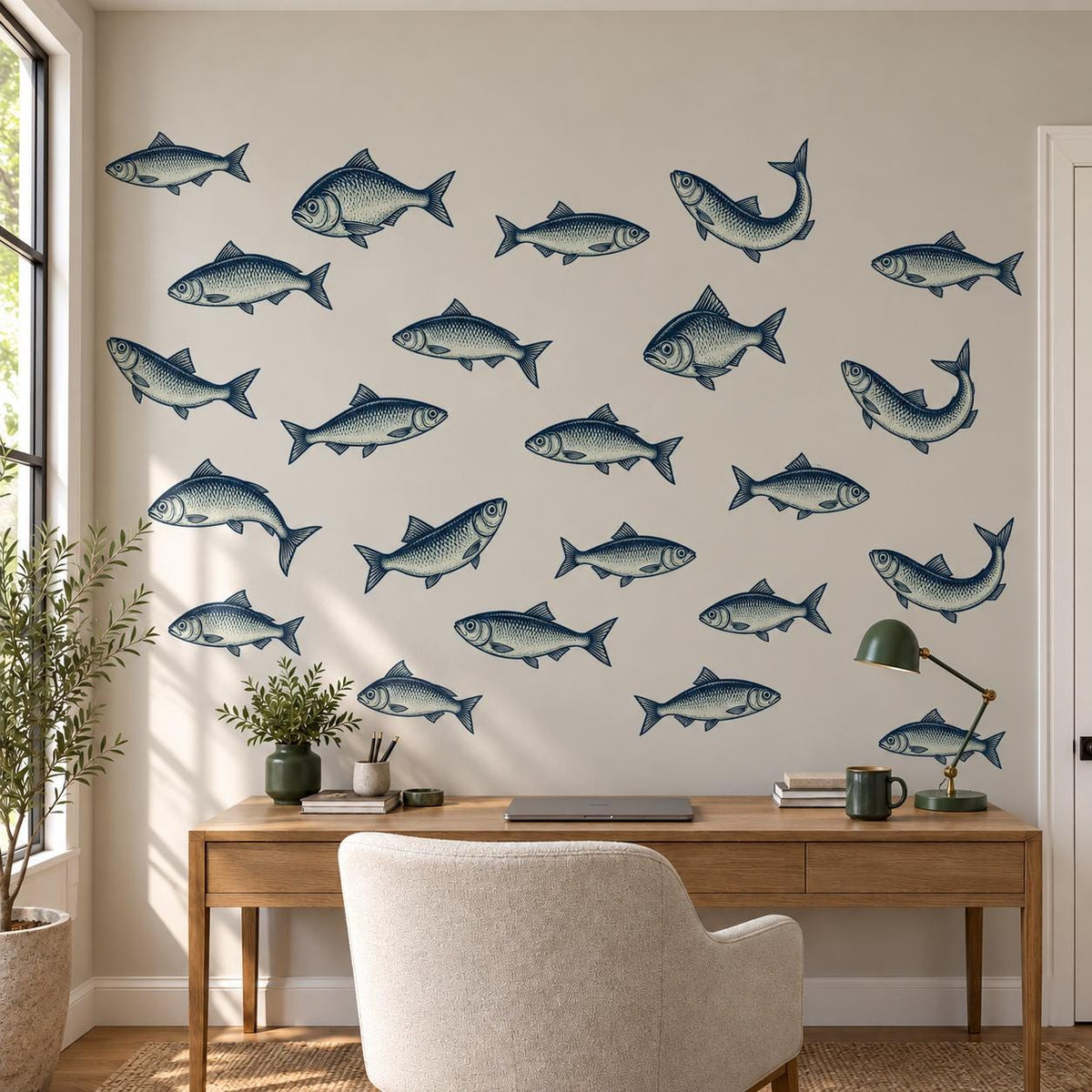 Fish Wall Stickers, Vintage Herring Nursery Decor, Navy Fish Wall Decals, Nautical Kids Room Coastal Bathroom Peel and Stick Wall Art