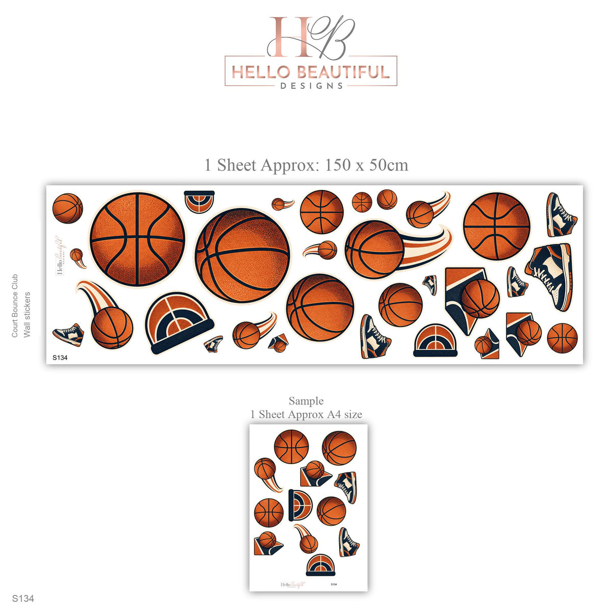 Basketball Wall Stickers, Sports Bedroom Decor, Basketball Sneaker Wall Decals, Boys Kids Room Orange Navy Peel and Stick Wall Art