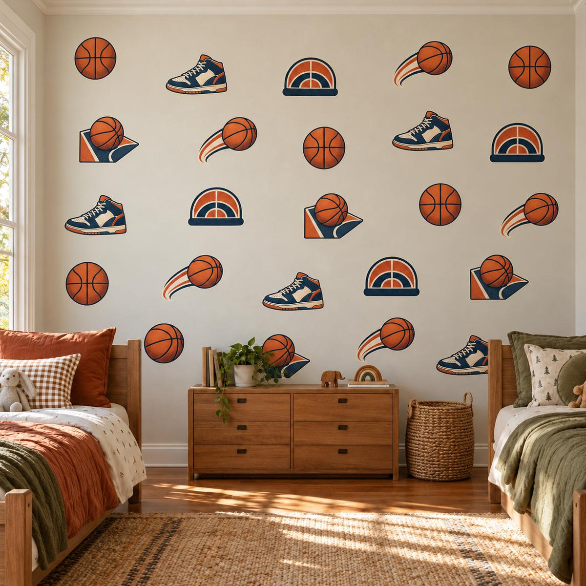 Basketball Wall Stickers, Sports Bedroom Decor, Basketball Sneaker Wall Decals, Boys Kids Room Orange Navy Peel and Stick Wall Art
