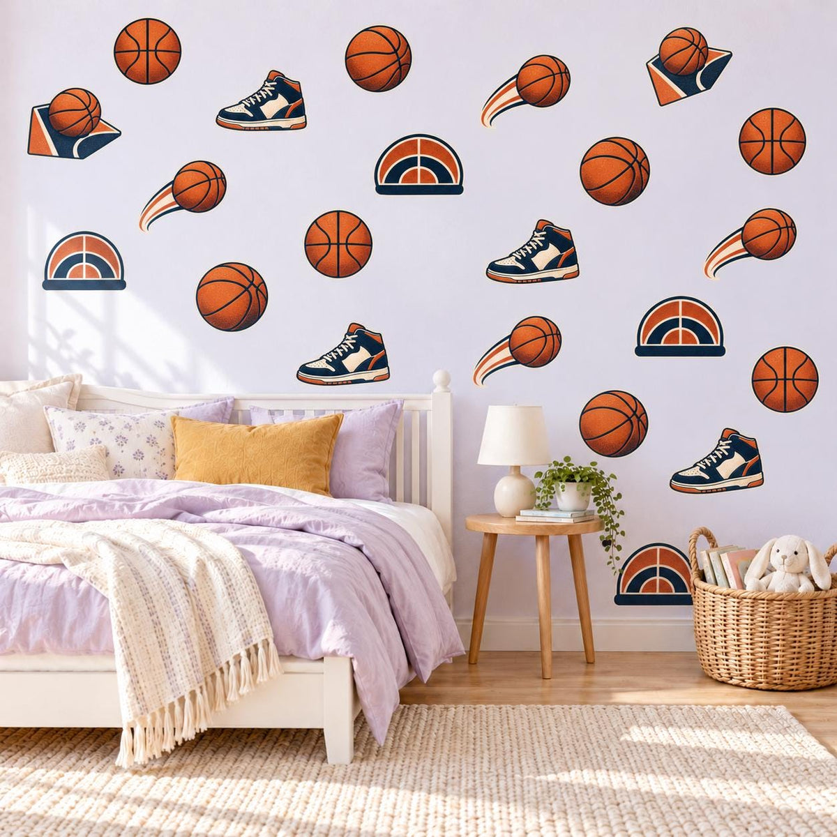 Basketball Wall Stickers, Sports Bedroom Decor, Basketball Sneaker Wall Decals, Boys Kids Room Orange Navy Peel and Stick Wall Art