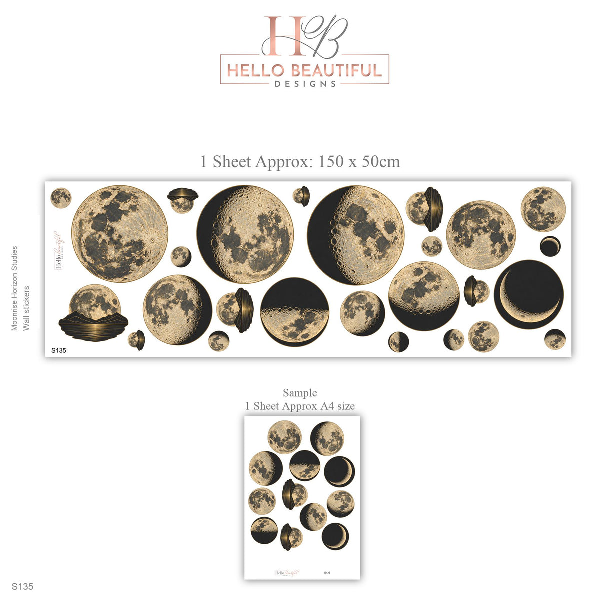 Moon Phase Wall Stickers, Celestial Nursery Decor, Vintage Moon Wall Decals, Boho Kids Room Gold Black Peel and Stick Wall Art