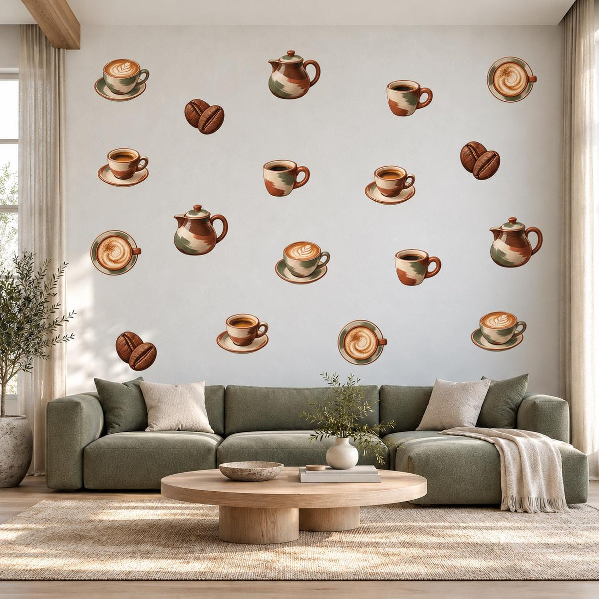 Coffee Cup Wall Stickers, Kitchen Wall Decor, Espresso Latte Wall Decals, Cafe Coffee Bean Brown Sage Peel and Stick Wall Art
