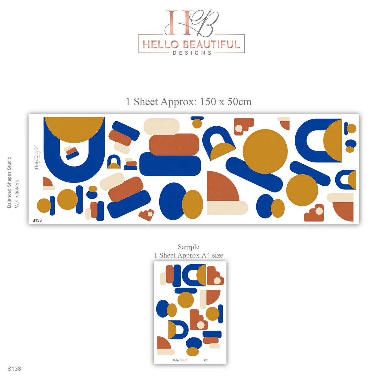 Abstract Shape Wall Stickers, Mid Century Modern Decor, Geometric Wall Decals, Kids Room Blue Mustard Terracotta Peel and Stick Wall Art