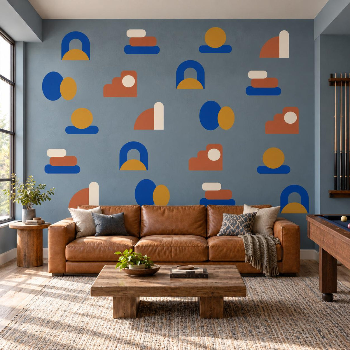 Abstract Shape Wall Stickers, Mid Century Modern Decor, Geometric Wall Decals, Kids Room Blue Mustard Terracotta Peel and Stick Wall Art