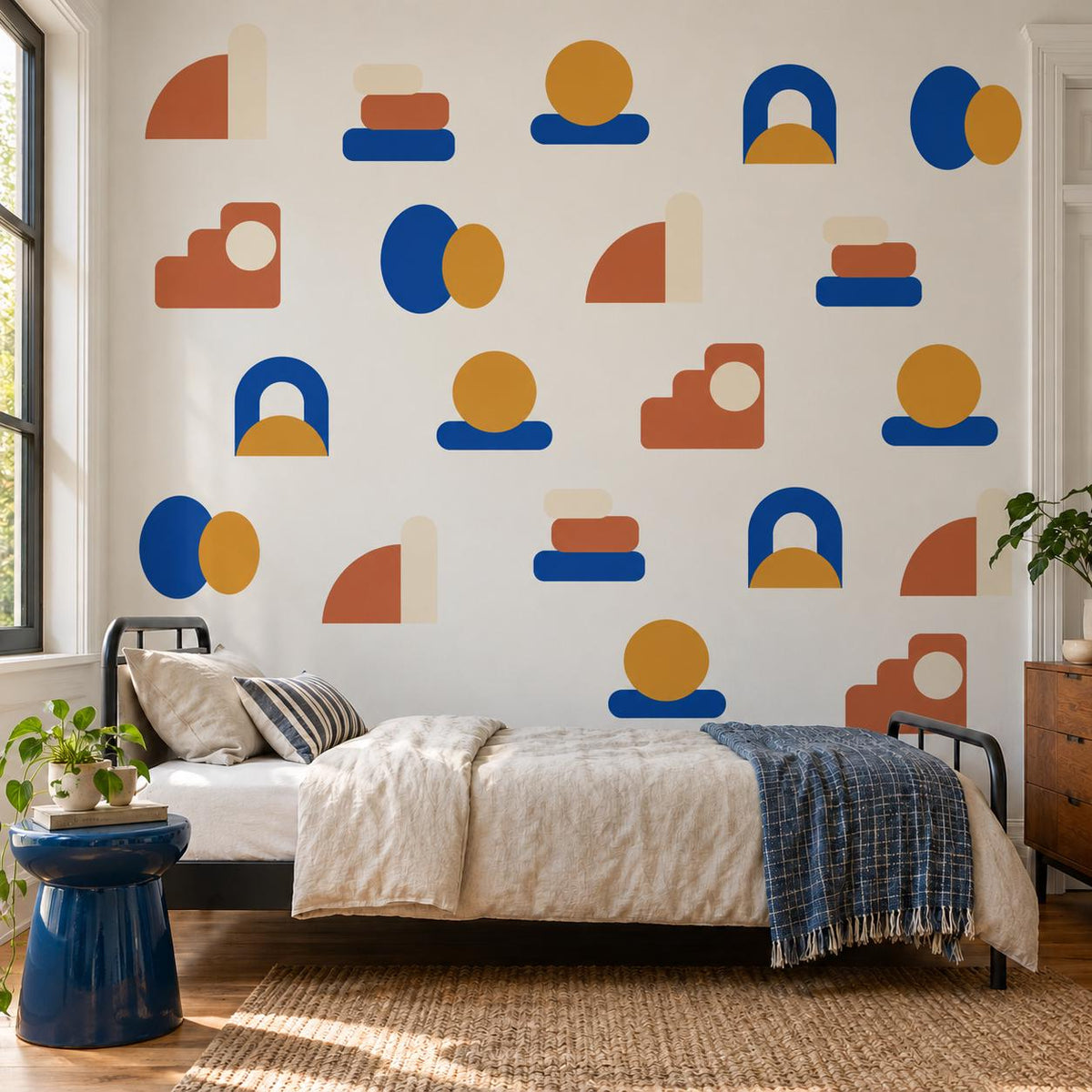 Abstract Shape Wall Stickers, Mid Century Modern Decor, Geometric Wall Decals, Kids Room Blue Mustard Terracotta Peel and Stick Wall Art