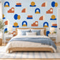 Abstract Shape Wall Stickers, Mid Century Modern Decor, Geometric Wall Decals, Kids Room Blue Mustard Terracotta Peel and Stick Wall Art