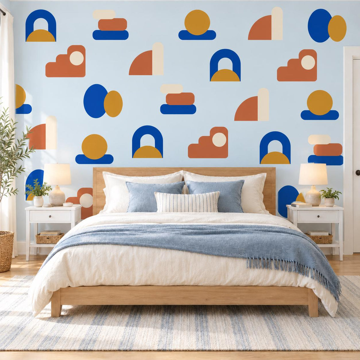 Abstract Shape Wall Stickers, Mid Century Modern Decor, Geometric Wall Decals, Kids Room Blue Mustard Terracotta Peel and Stick Wall Art