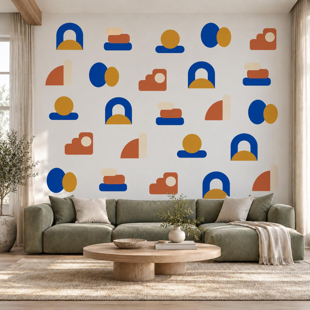 Abstract Shape Wall Stickers, Mid Century Modern Decor, Geometric Wall Decals, Kids Room Blue Mustard Terracotta Peel and Stick Wall Art