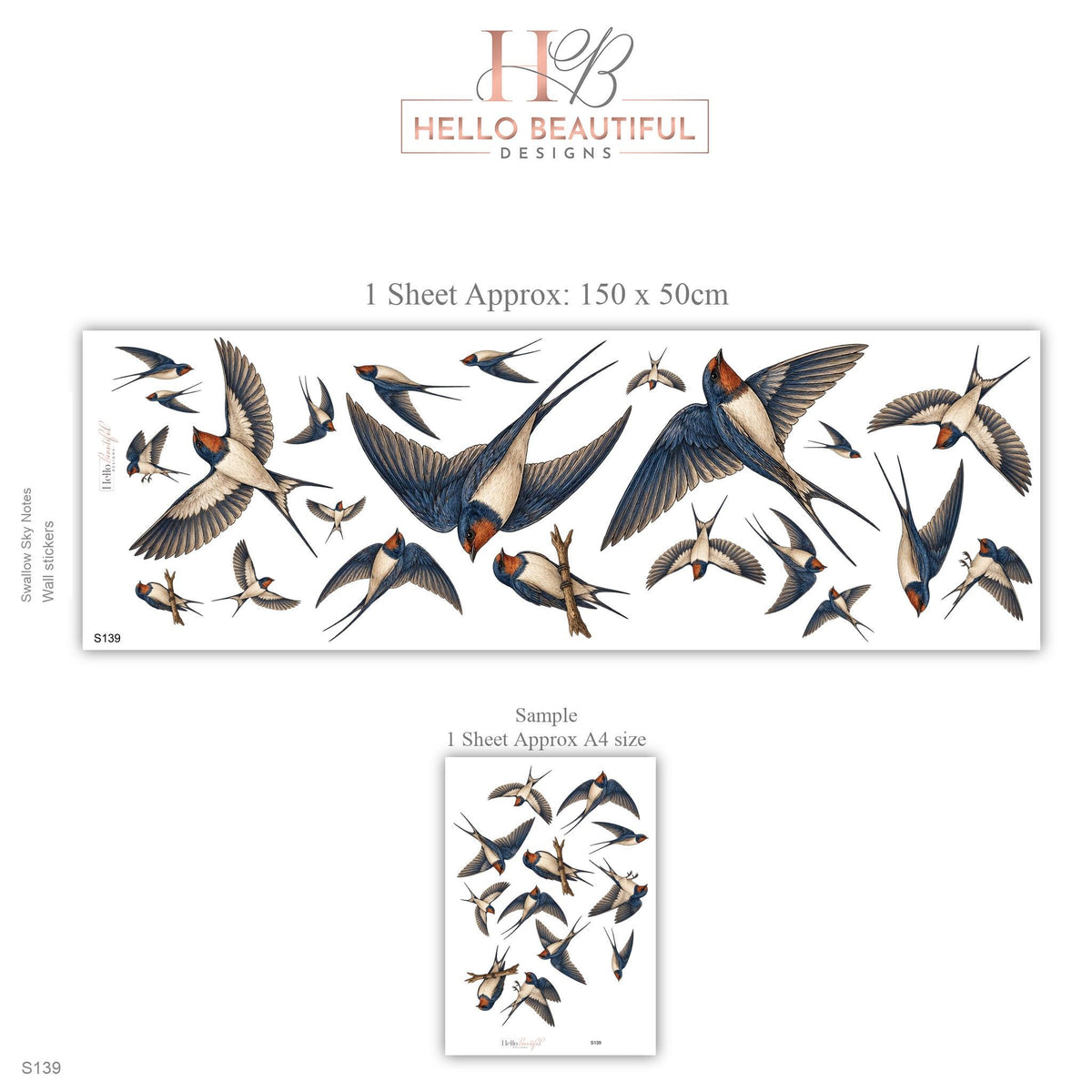 Swallow Wall Stickers, Bird Nursery Decor, Vintage Swallow Wall Decals, Woodland Kids Room Navy Rust Bird Peel and Stick Wall Art