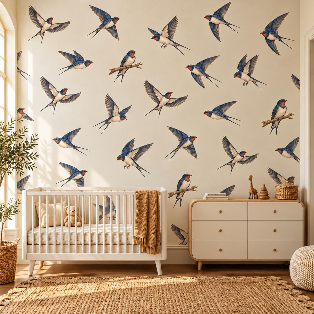 Swallow Wall Stickers, Bird Nursery Decor, Vintage Swallow Wall Decals, Woodland Kids Room Navy Rust Bird Peel and Stick Wall Art